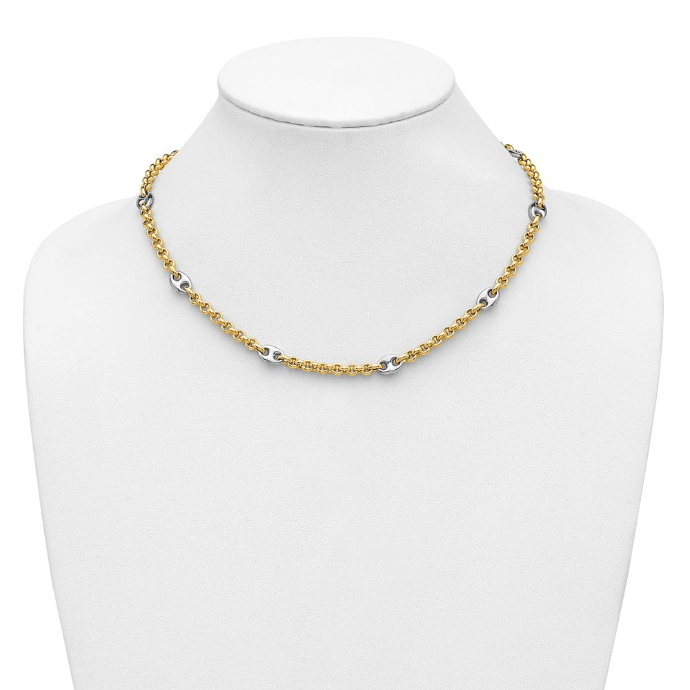 14K Two-tone Polished Fancy Puffed Mariner Link Necklace