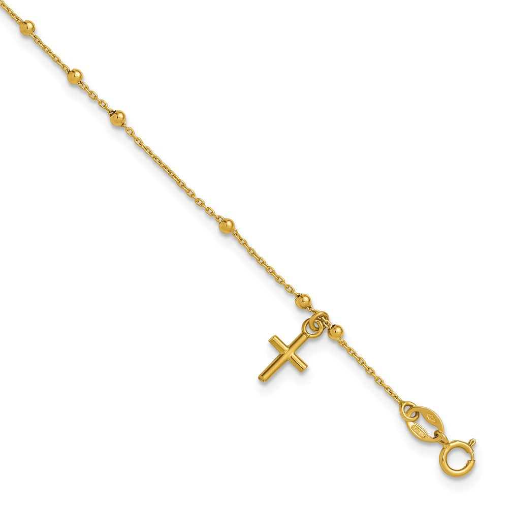 14K Polished Beaded Cross with .5in ext. Rosary Bracelet