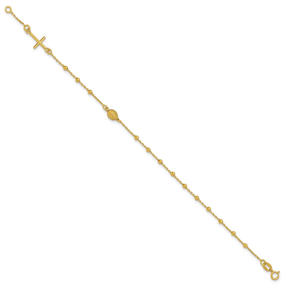 14K Polished Beaded Cross with .5in ext. Rosary Bracelet