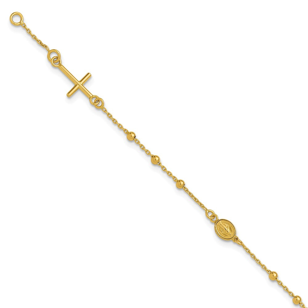 14K Polished Beaded Cross with .5in ext. Rosary Bracelet