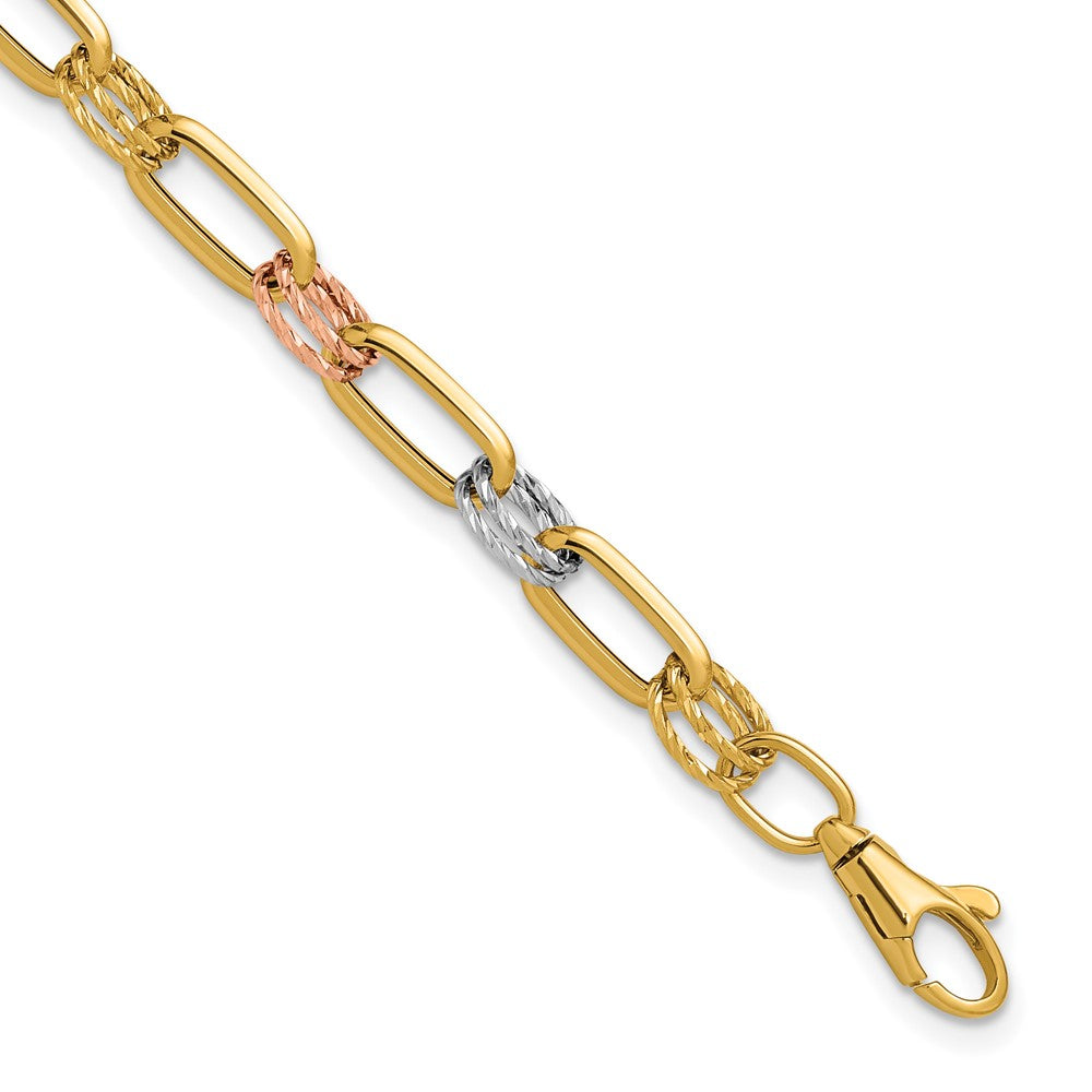 14K Tri-color Polished / DC Fancy Link with 1in ext. Bracelet