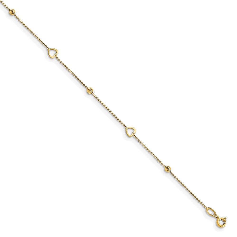 14K Polished and Diamond-cut Heart with 1in ext. Anklet