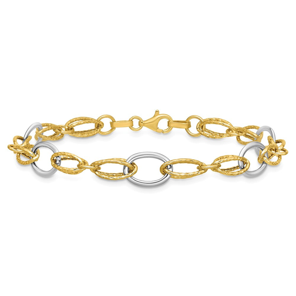 14K Two-tone Polished and Textured Fancy Link Bracelet
