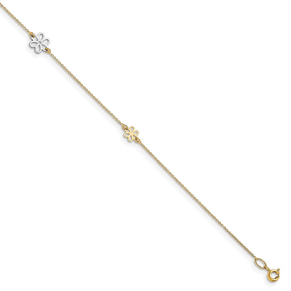 14K Two-tone Polished Flower with 1in ext. Anklet