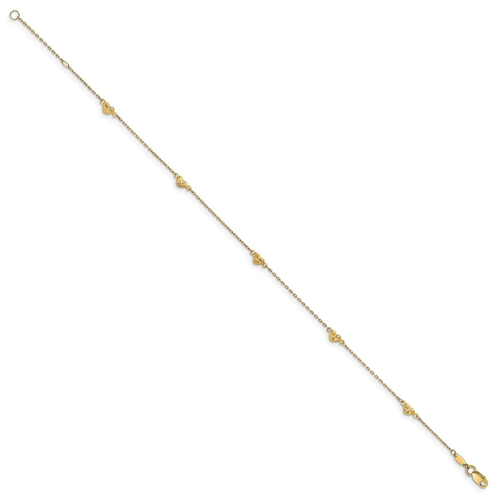 14K Polished and Diamond-cut Heart with 1in ext. Anklet