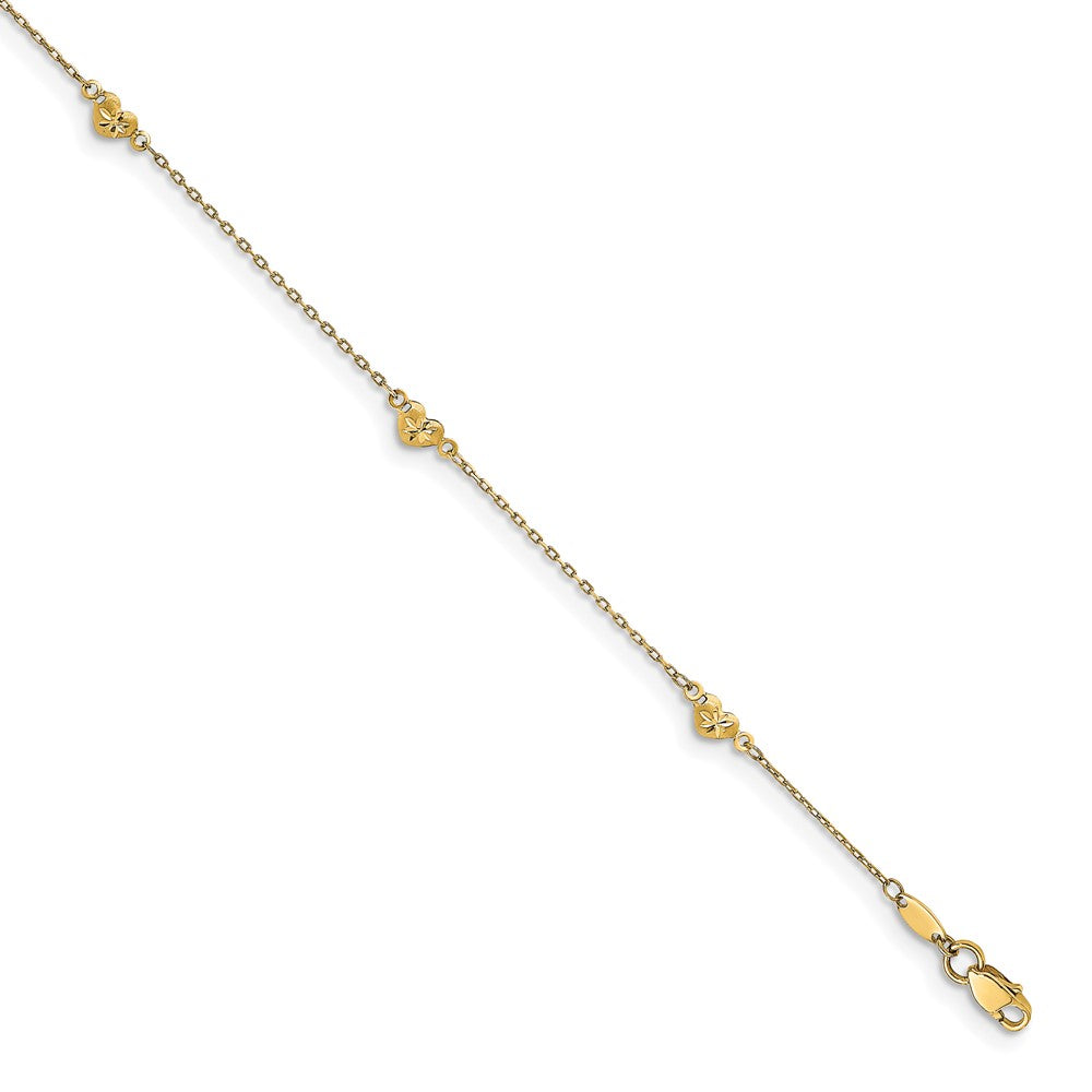 14K Polished and Diamond-cut Heart with 1in ext. Anklet