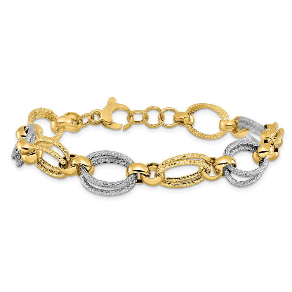 14K Two-tone Polished and Textured Fancy Link Bracelet