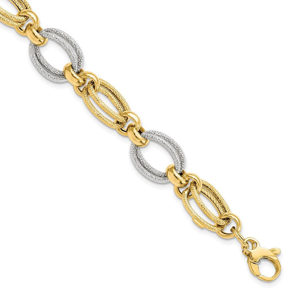 14K Two-tone Polished and Textured Fancy Link Bracelet