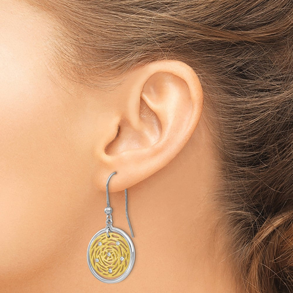 Sterling Silver Gold-tone Scratch-finish CZ Dangle Earrings