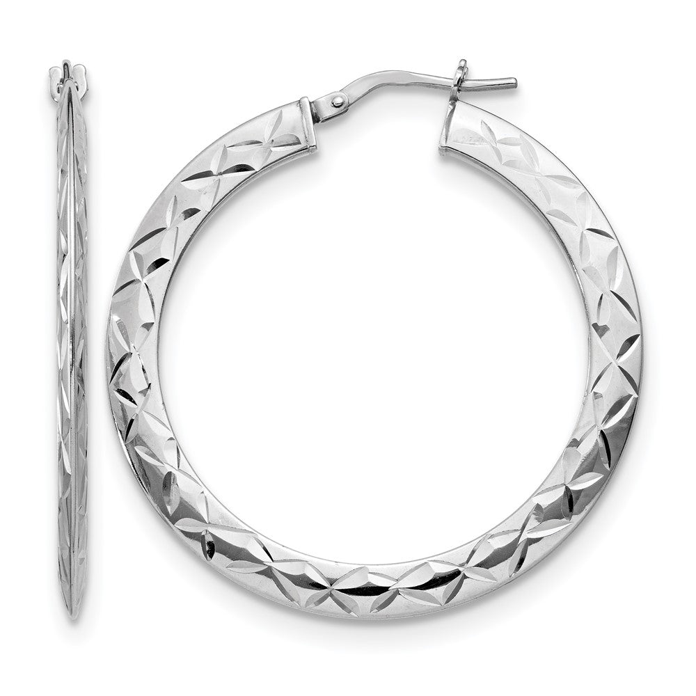 Sterling Silver Rhodium-plated Polished & Diamond-cut Hoop Earrings