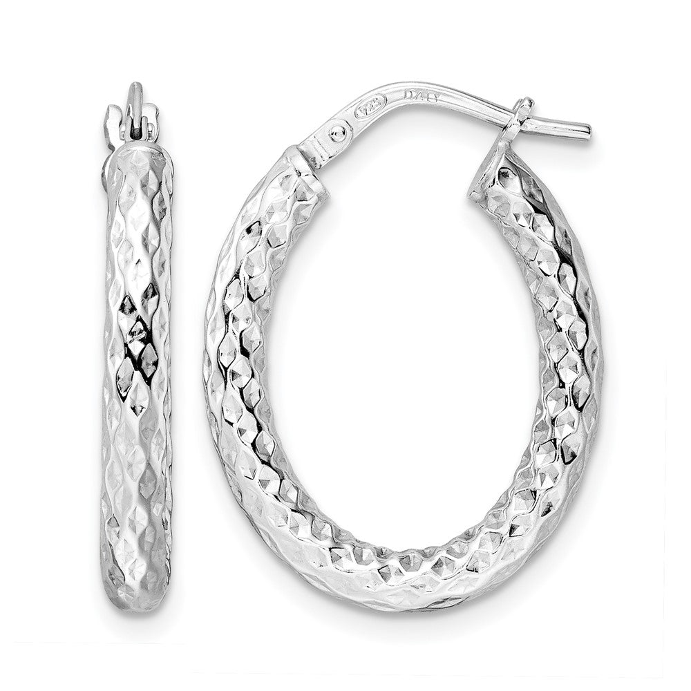 Sterling Silver Rhod-plated Polished Diamond-cut Hoop Earrings