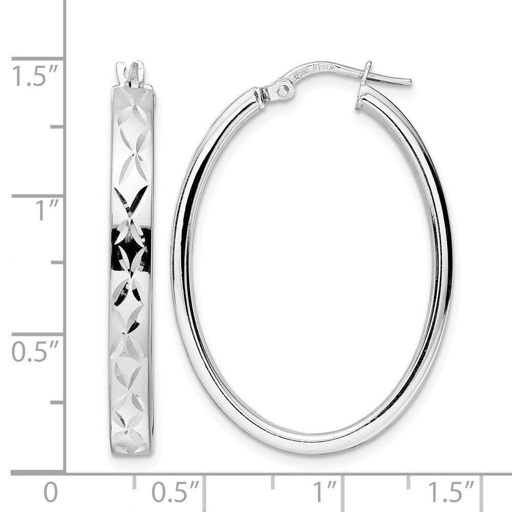Sterling Silver Rhod-plated Polished Diamond-cut Oval Hoop Earrings