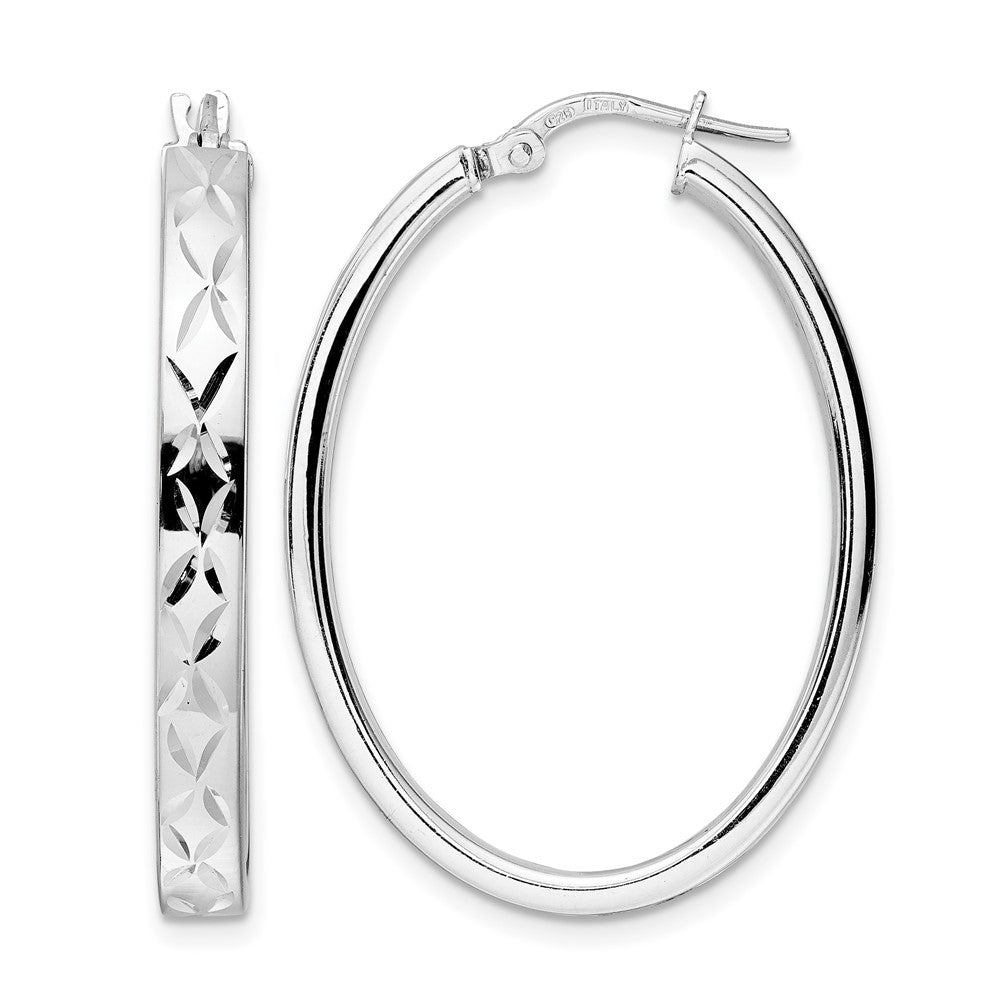 Sterling Silver Rhod-plated Polished Diamond-cut Oval Hoop Earrings