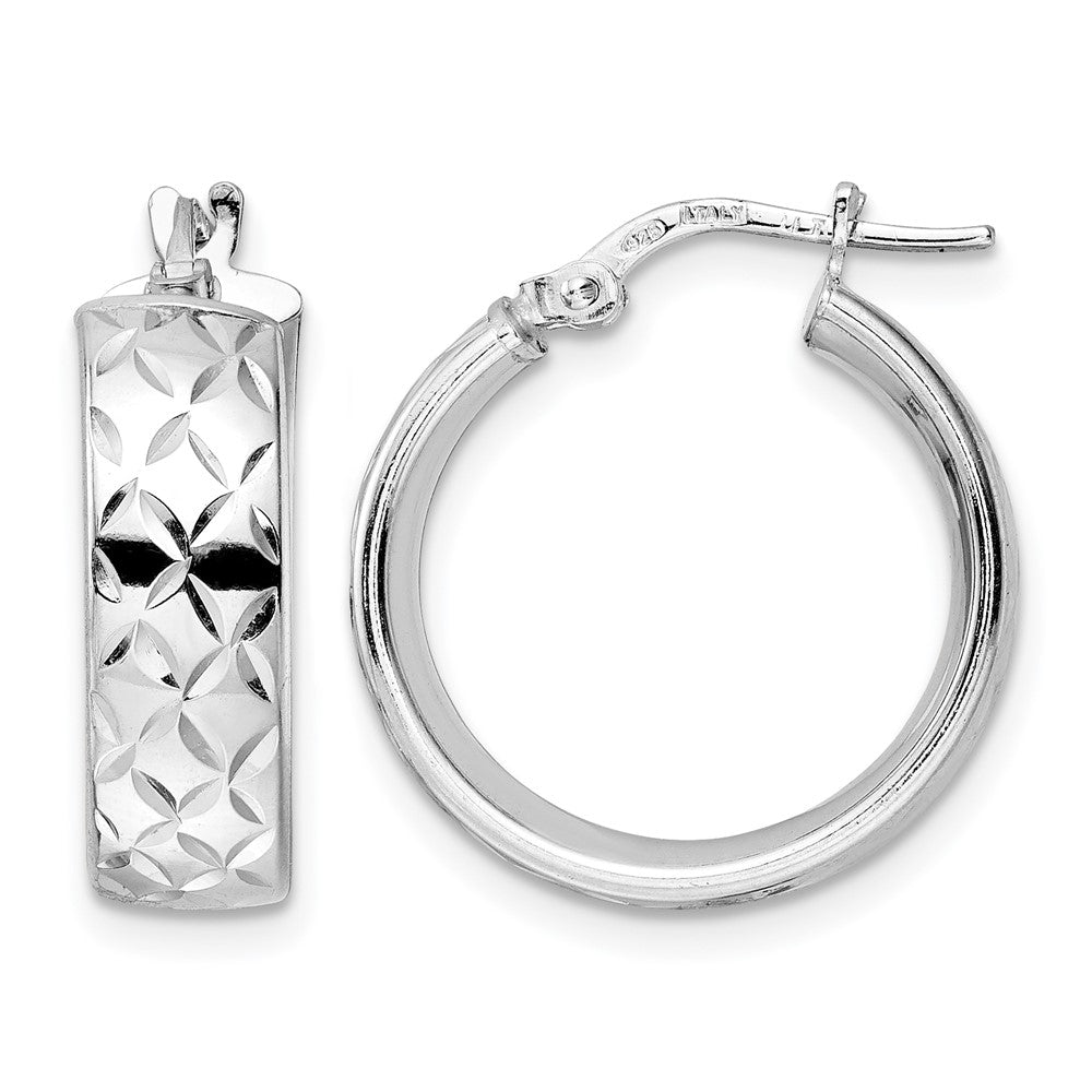 Sterling Silver Rhod-plated Polished Diamond-cut Hoop Earrings