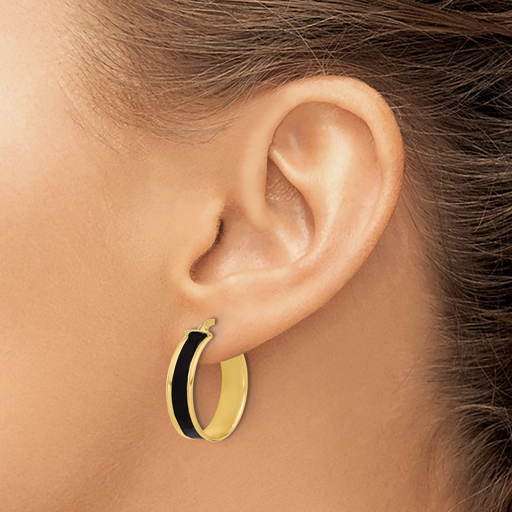 Sterling Silver Gold-tone Black Enamel Round Hoop Earrings