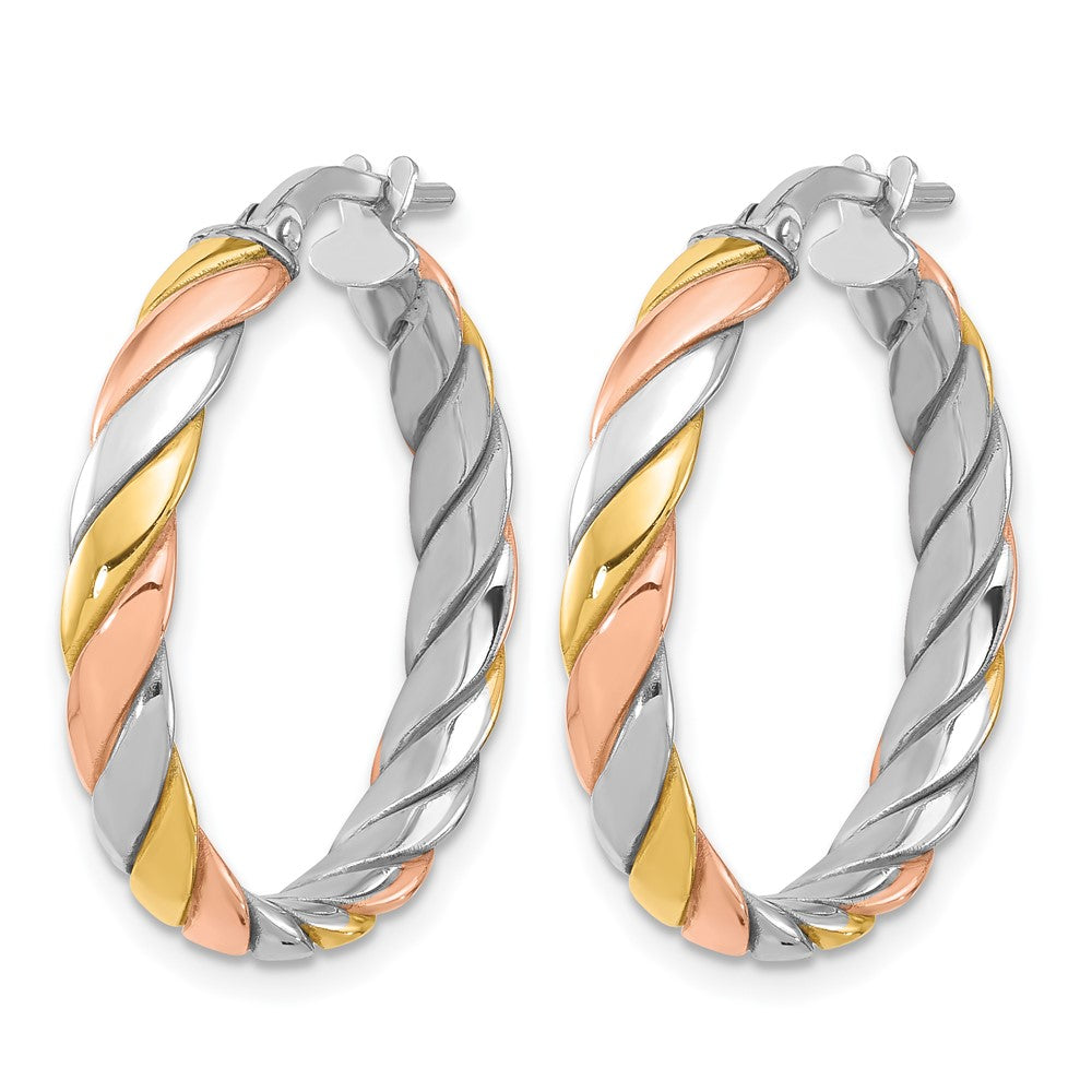 SS Rhodium-plated with Gold and Rose-tone Polished Hoop Earrings
