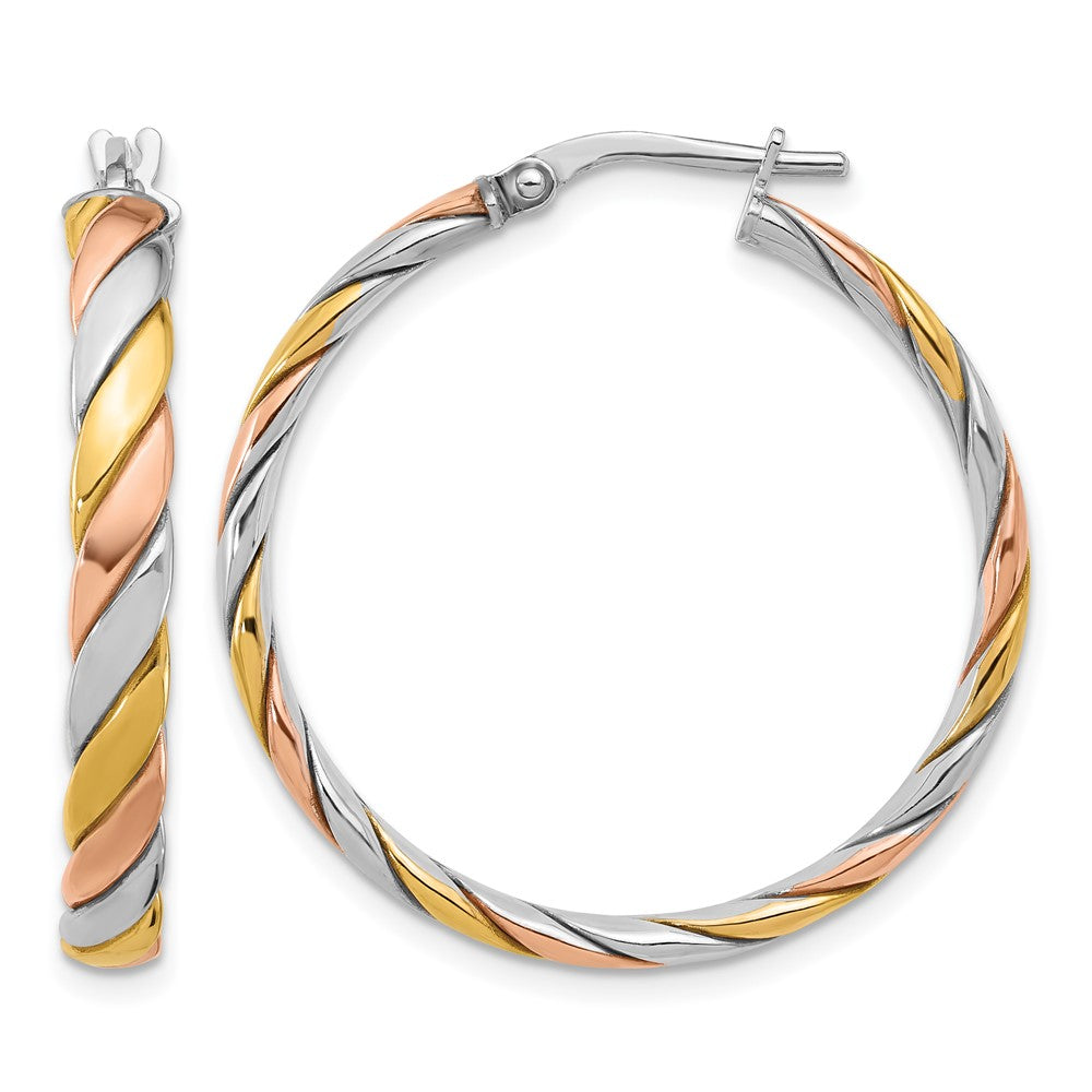 SS Rhodium-plated with Gold and Rose-tone Polished Hoop Earrings
