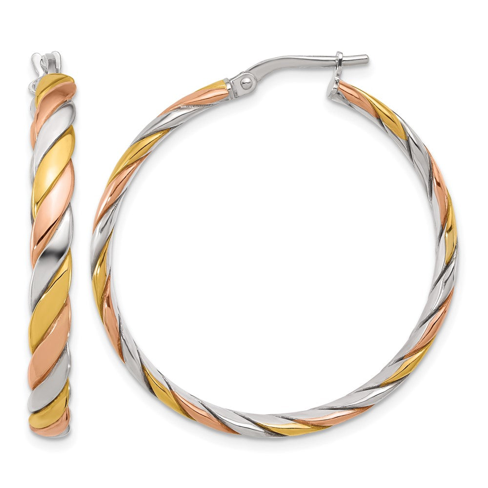 SS Rhodium-plated with Gold and Rose-tone Polished Hoop Earrings