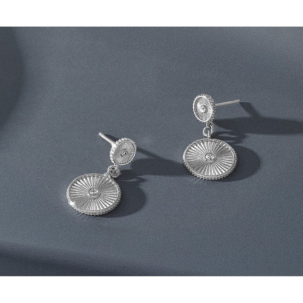 SS RH-plat CZ Polished/Grooved Circle Dangle Post Earrings