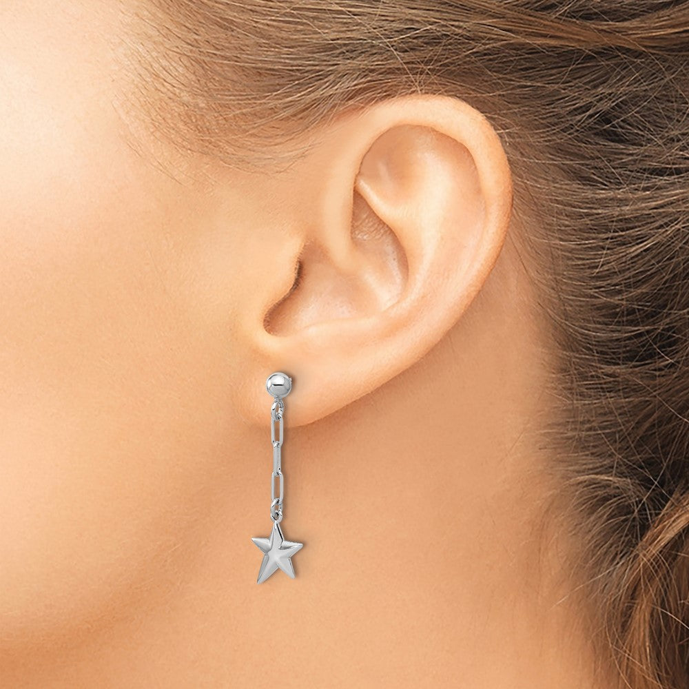 SS Rhodium-plated Polished Star Link Dangle Post Earrings