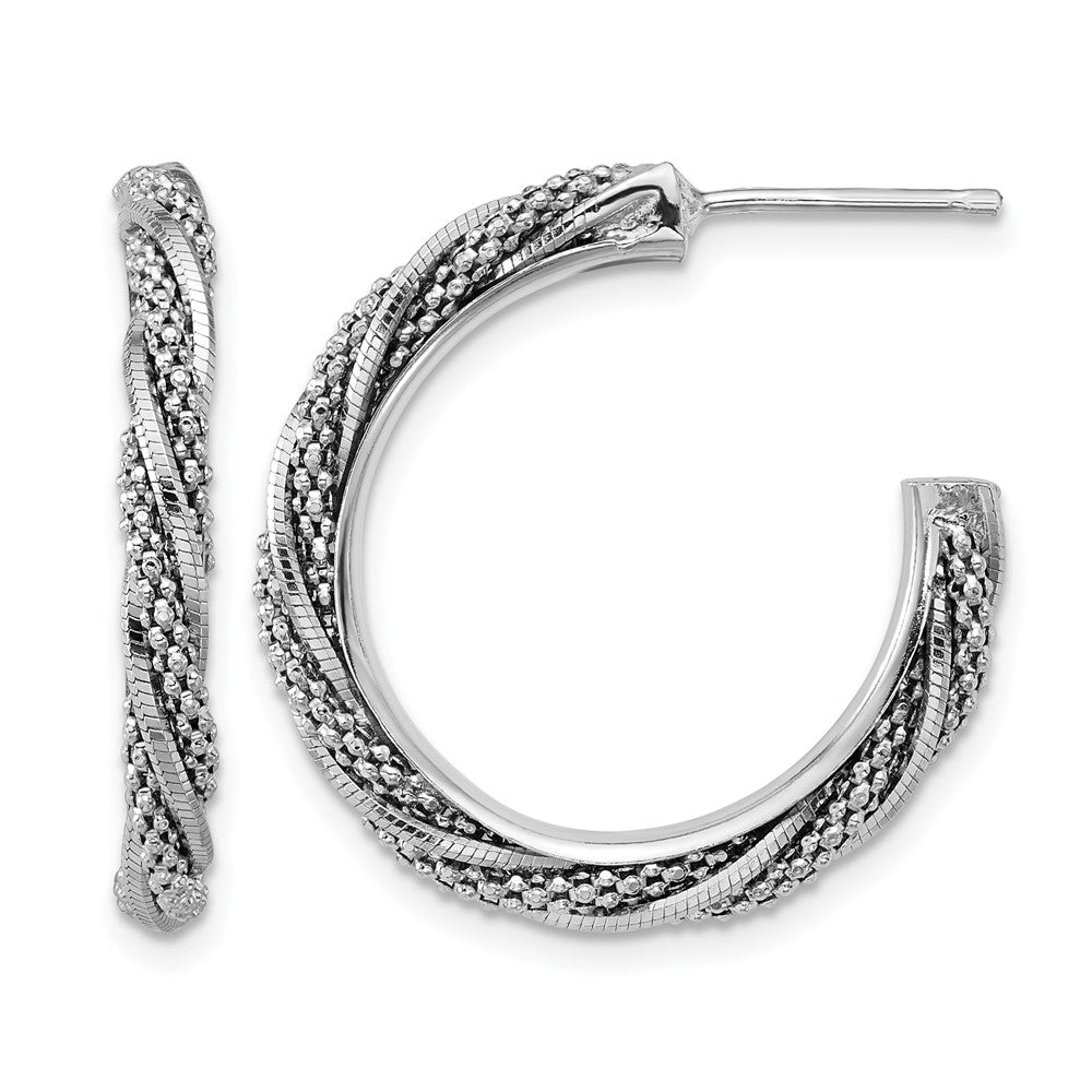 SS Rhodium-plated Polish/Textured Twisted J-Hoop Post Earrings