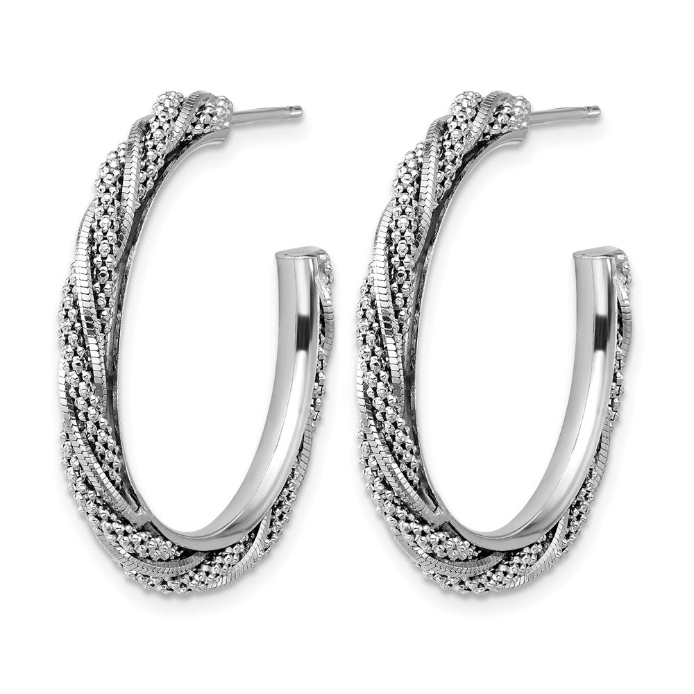 SS Rhodium-plated Polish/Textured Twisted J-Hoop Post Earrings