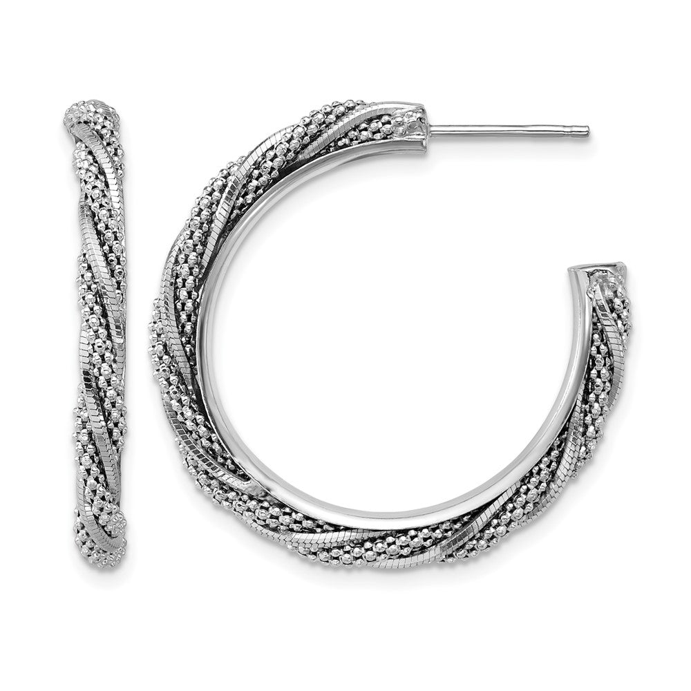 SS Rhodium-plated Polish/Textured Twisted J-Hoop Post Earrings