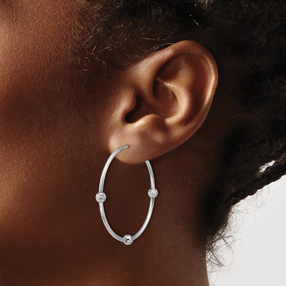 SS Rhodium-plated Polished/Dia-cut Beads Endless Hoop Earrings