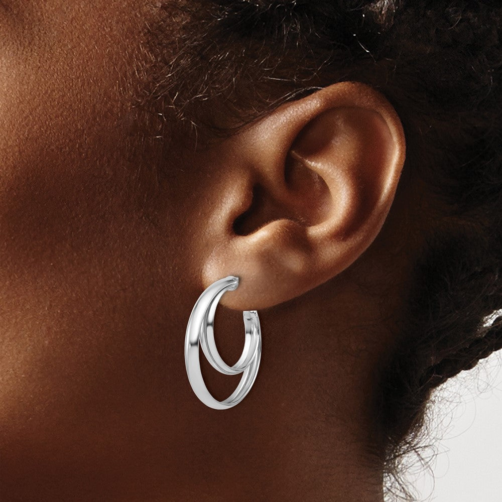 SS Rhodium-plated Polished 26mm Double Post J-Hoop Earrings