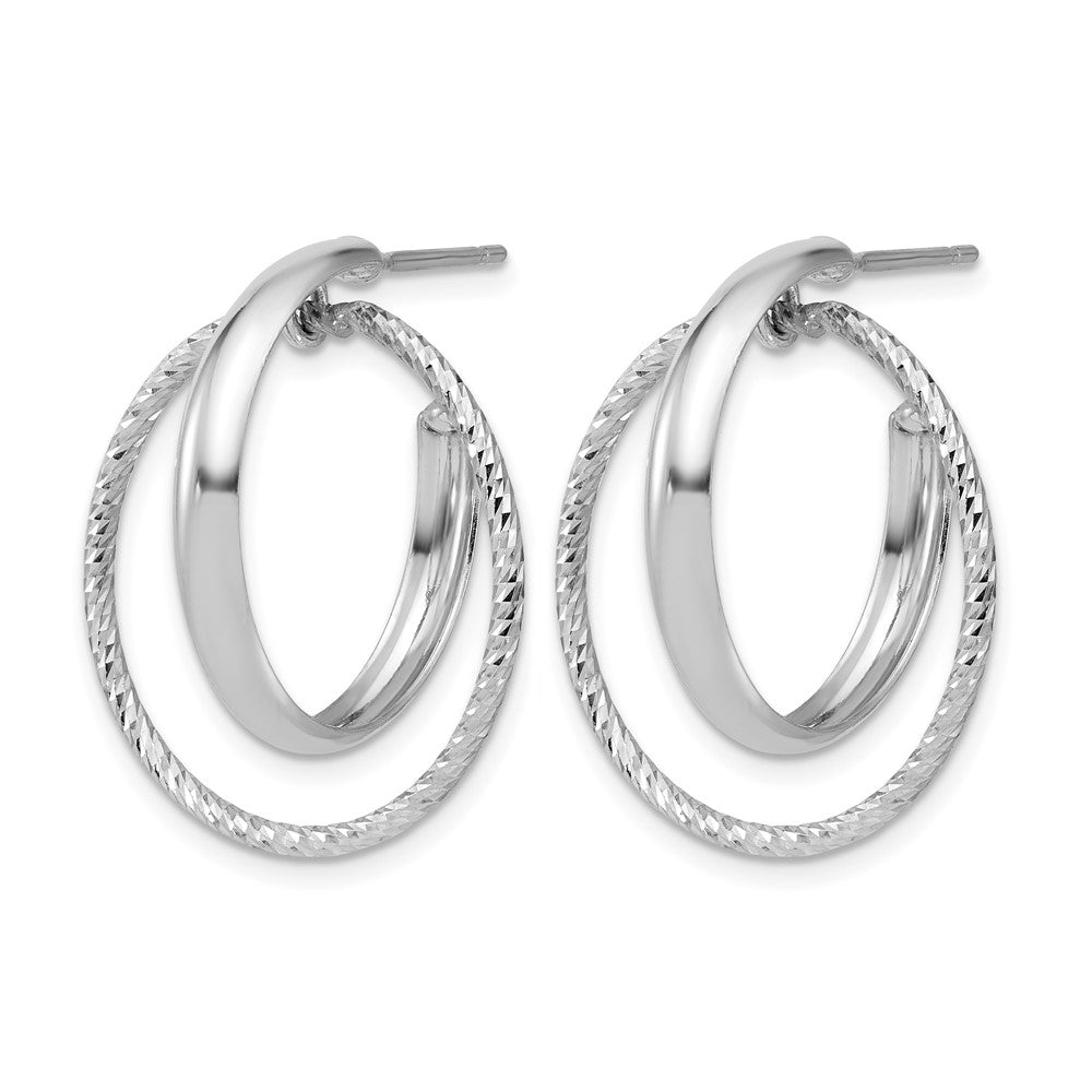 SS Rhodium-plated Polished / Dia-cut Fancy Circles Post J-Hoop Earrings