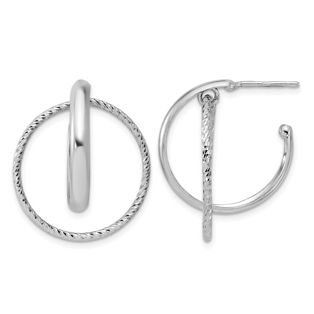 SS Rhodium-plated Polished / Dia-cut Fancy Circles Post J-Hoop Earrings