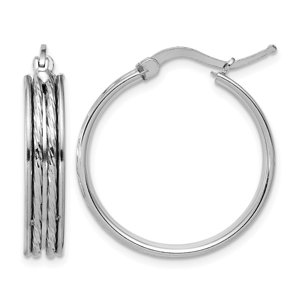 SS Rhodium-plated Polished and Diamond-cut 25x5mm Round Hoop Earrings