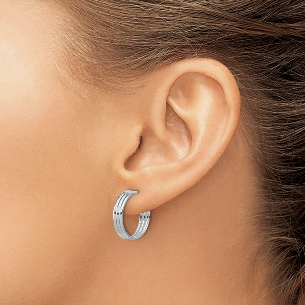 Sterling Silver Rh-Plated Polished Grooved J-Hoop Post Earrings