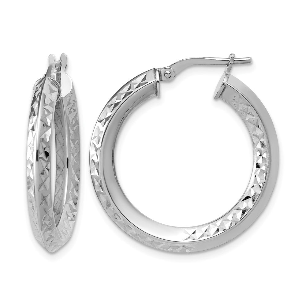 Sterling Silver Rhodium-plated Polished and Diamond-cut Hoop Earrings