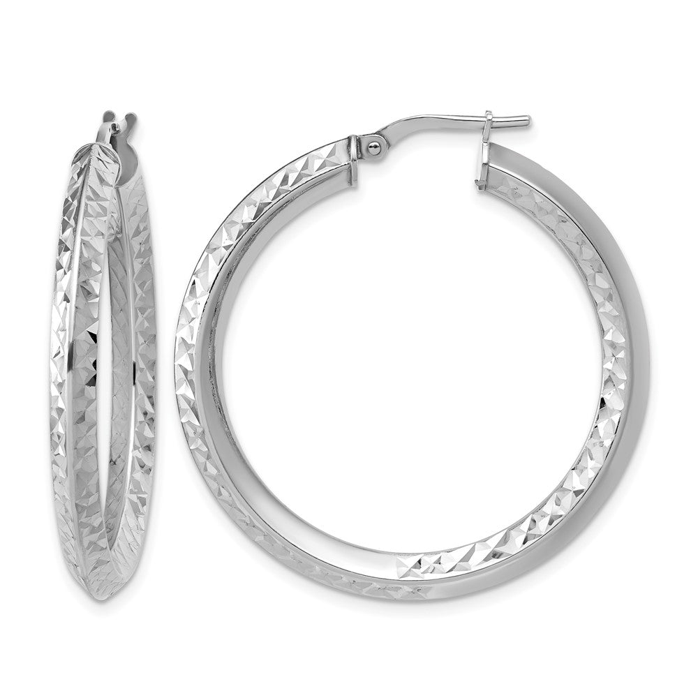 Sterling Silver Rhodium-plated Polished and Diamond-cut Hoop Earrings