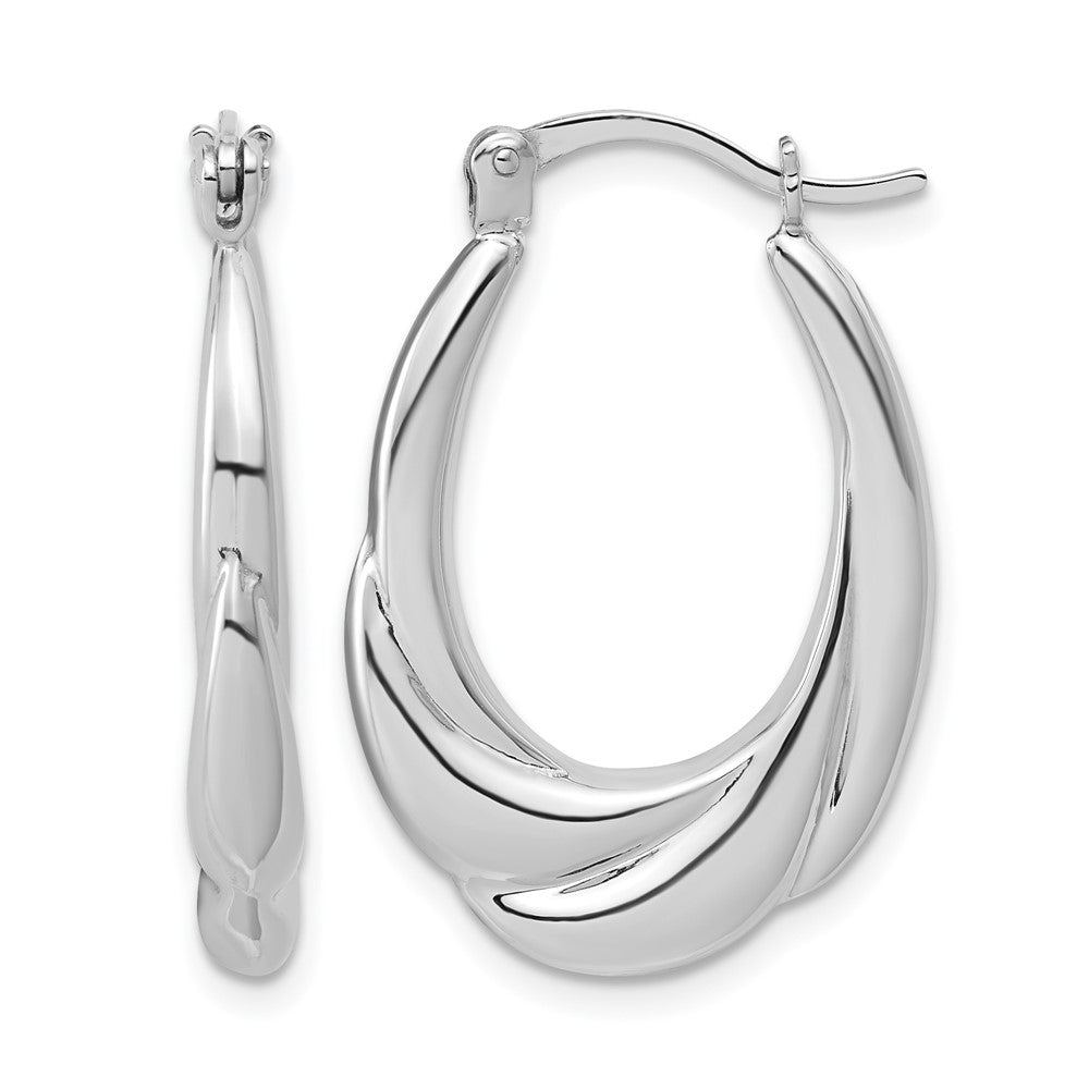 Sterling Silver Rhodium-plated Polished and Grooved Oval Hoop Earrings