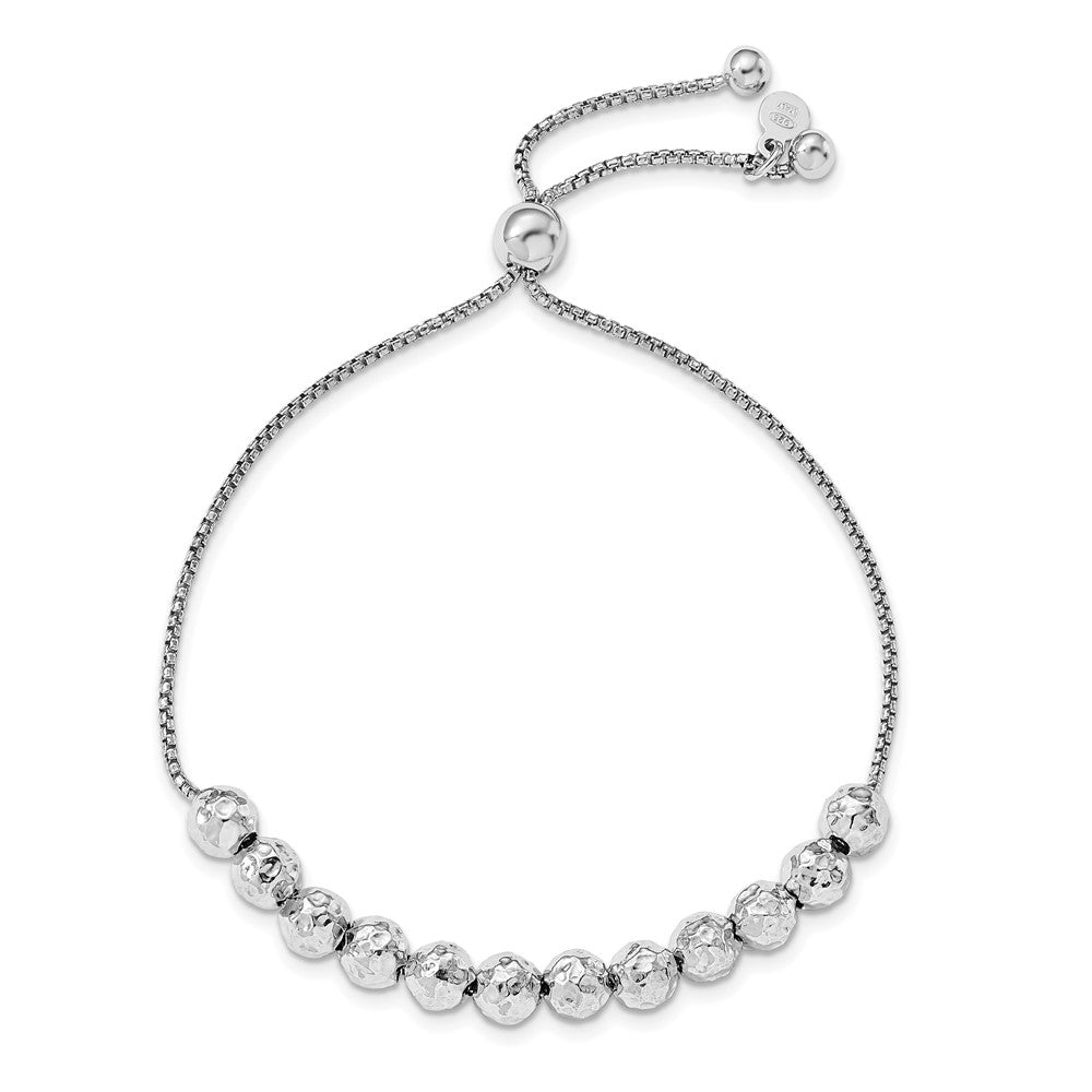 Sterling Silver Rhodium-plated Hammered Beaded Adj. Bracelet