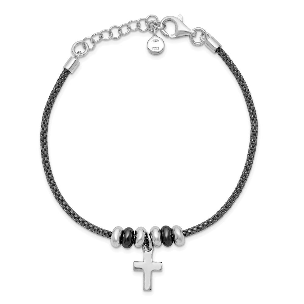 Sterling Silver Rhod and Ruth-plated Cross with 1in ext Bracelet