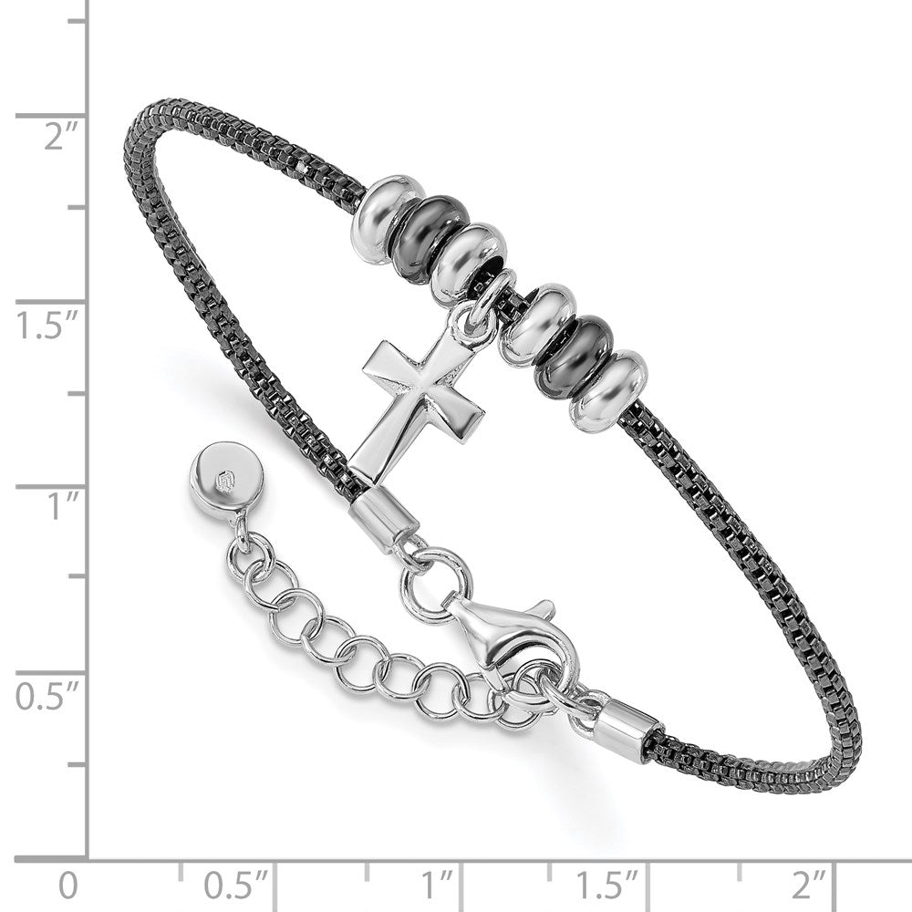 Sterling Silver Rhod and Ruth-plated Cross with 1in ext Bracelet