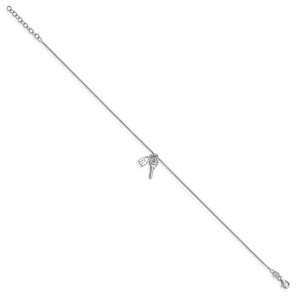 Sterling Silver Rhod-pl Polished Lock and Key with 1in ext. Anklet