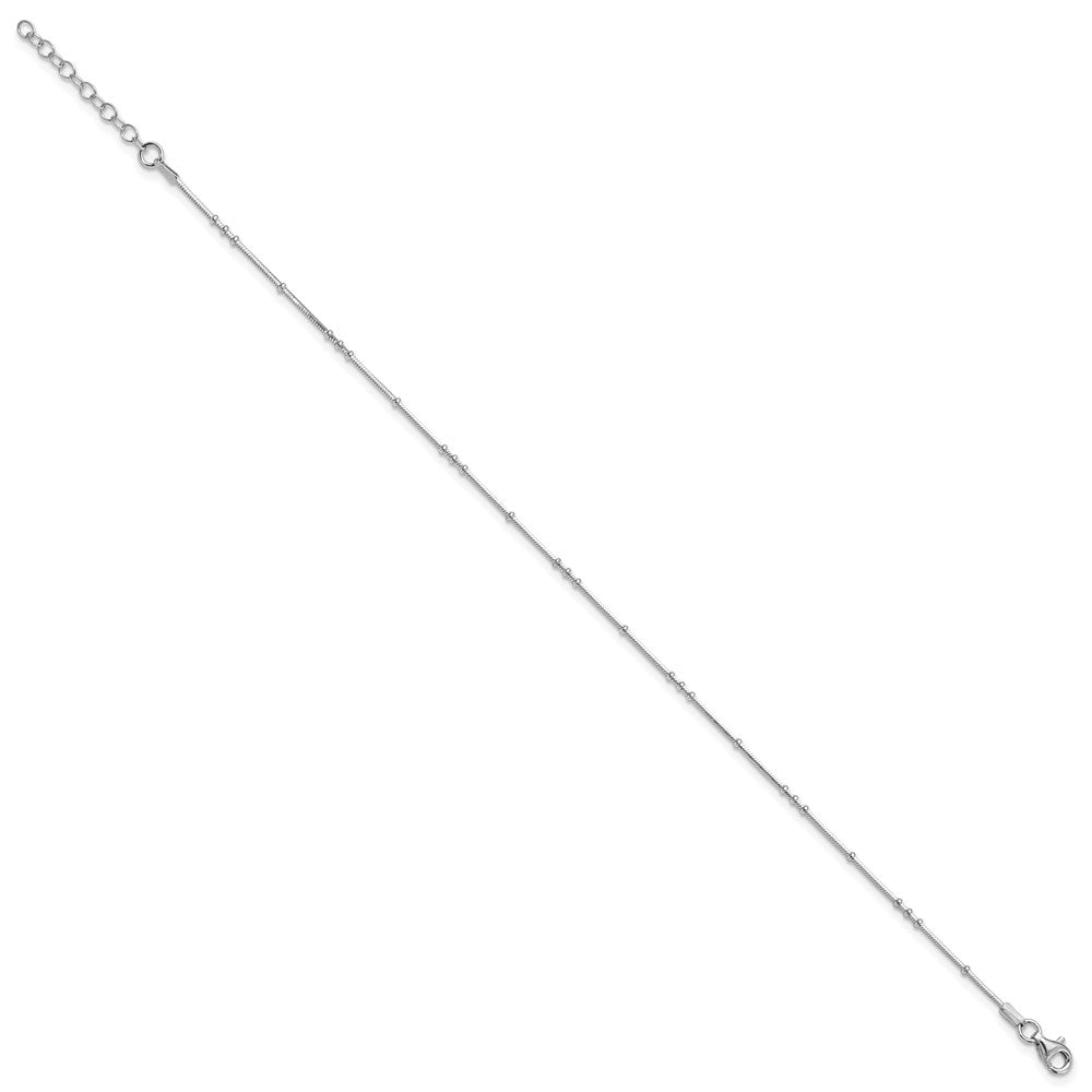 Sterling Silver Rhodium-plated Polished Beaded with 1in ext. Anklet
