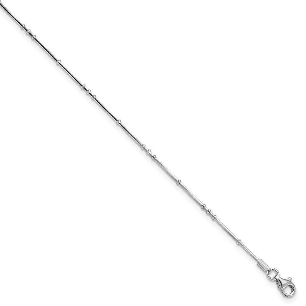 Sterling Silver Rhodium-plated Polished Beaded with 1in ext. Anklet