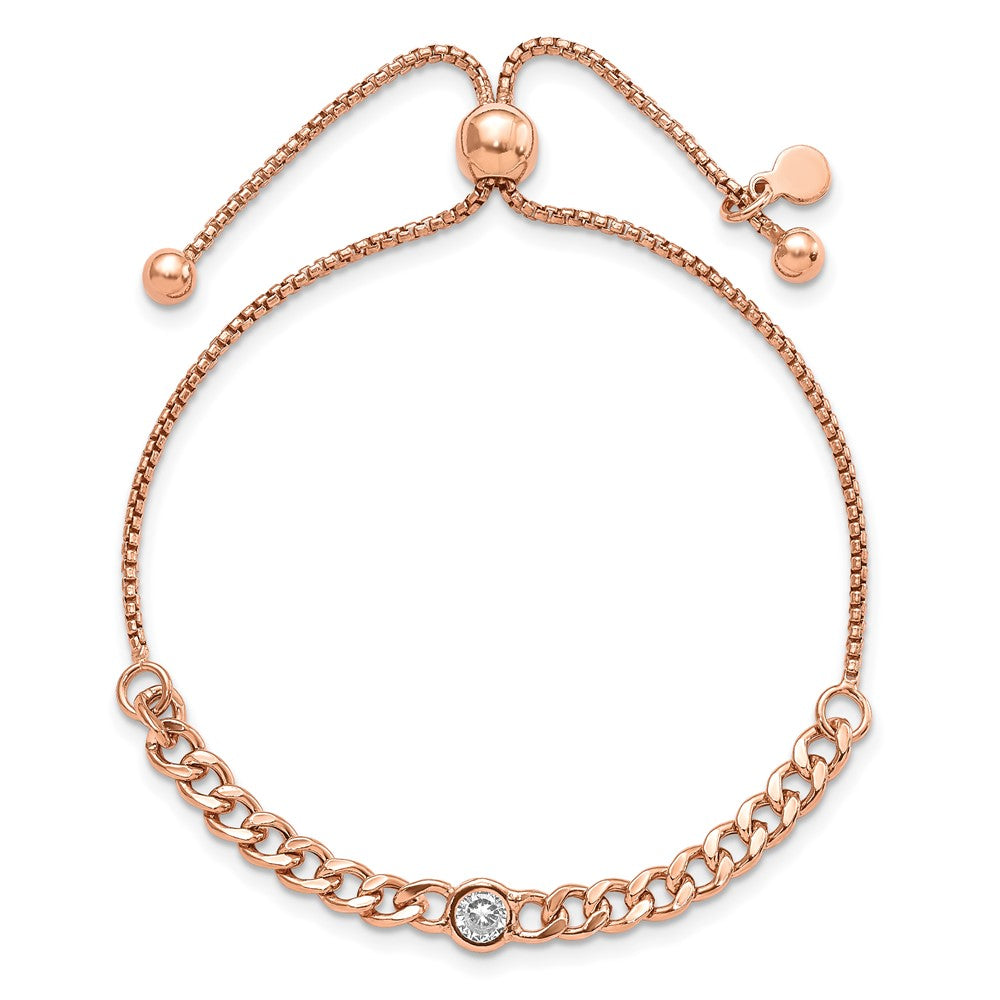 Sterling Silver Rose-tone Polished CZ Bolo Bracelet