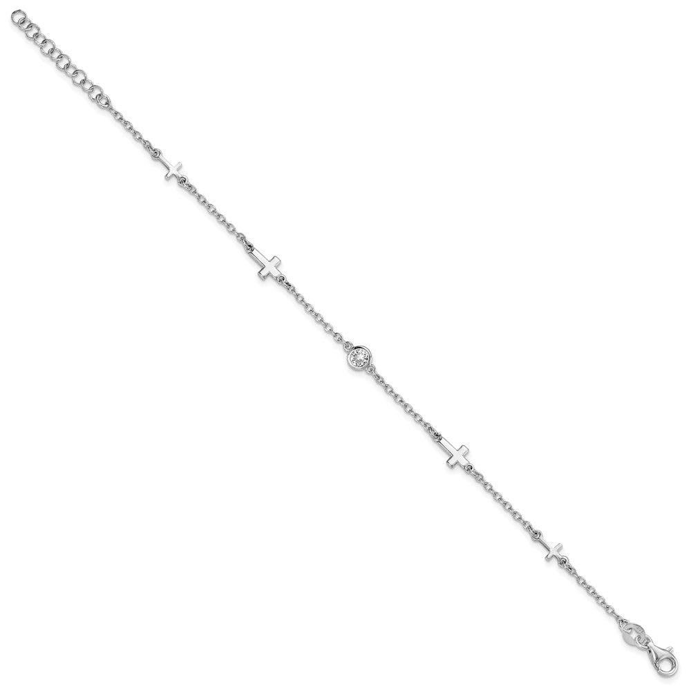 Sterling Silver Rhodium-plated CZ Cross with 1in ext. Bracelet