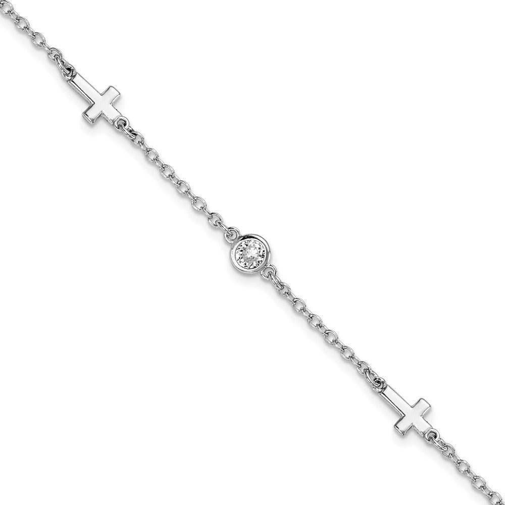 Sterling Silver Rhodium-plated CZ Cross with 1in ext. Bracelet