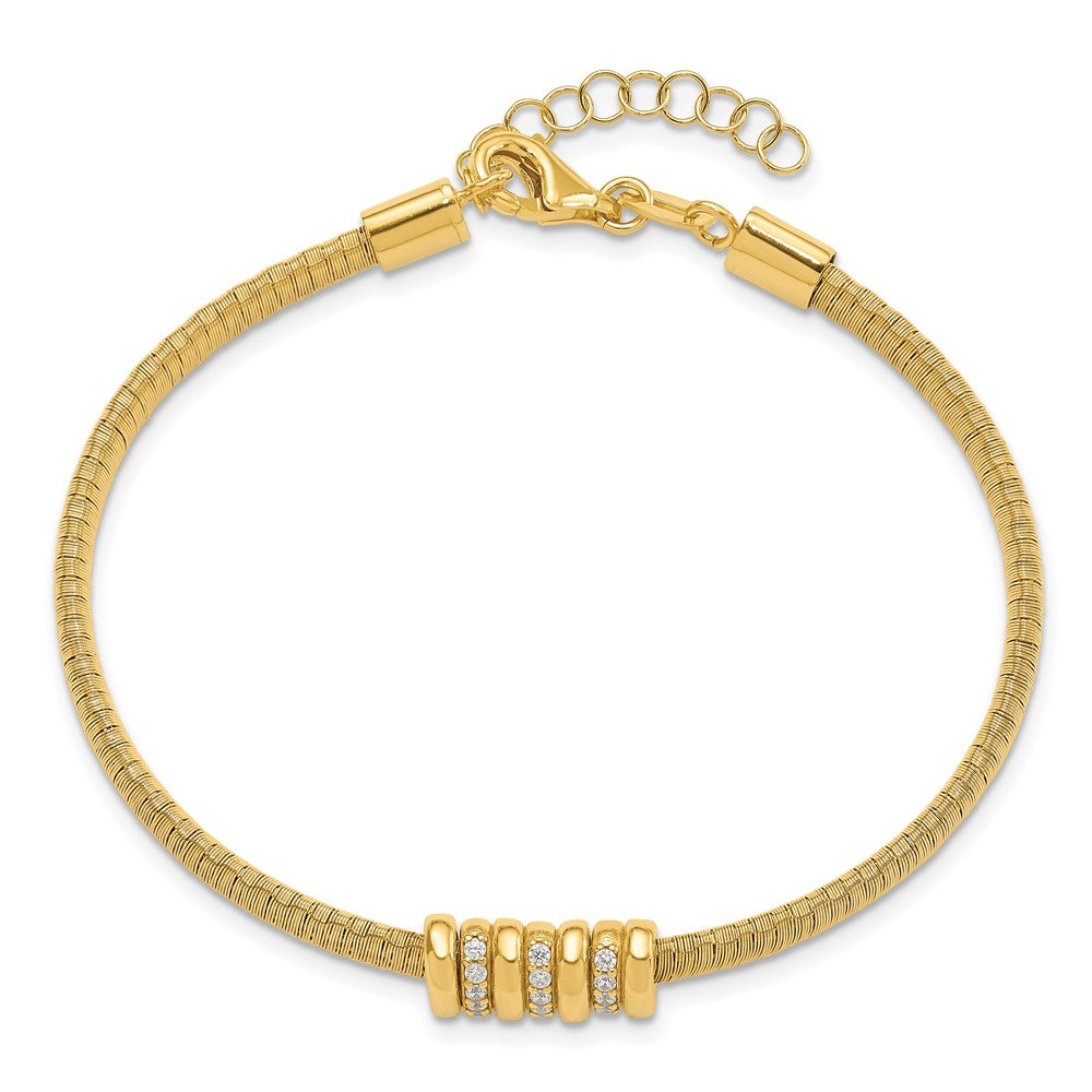 Sterling Silver Gold-tone CZ with 1in Safety Chain Flex Bangle