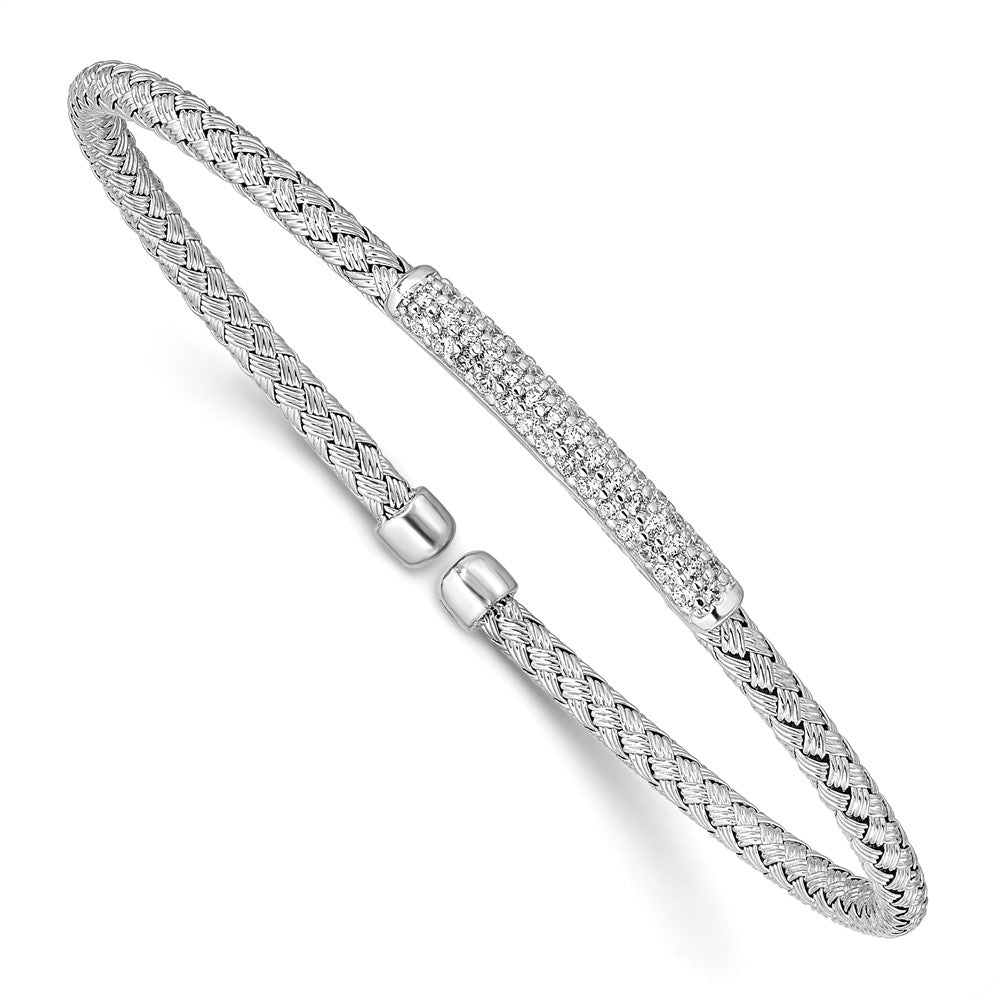Sterling Silver Rhodium-plated CZ Woven Flexible Cuff Bangle