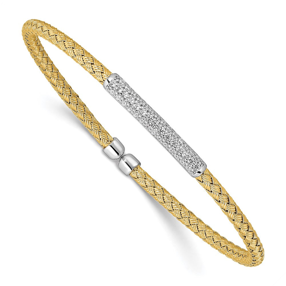 Sterling Silver Rh-plated/Gold-plated CZ Flexible Cuff Bangle