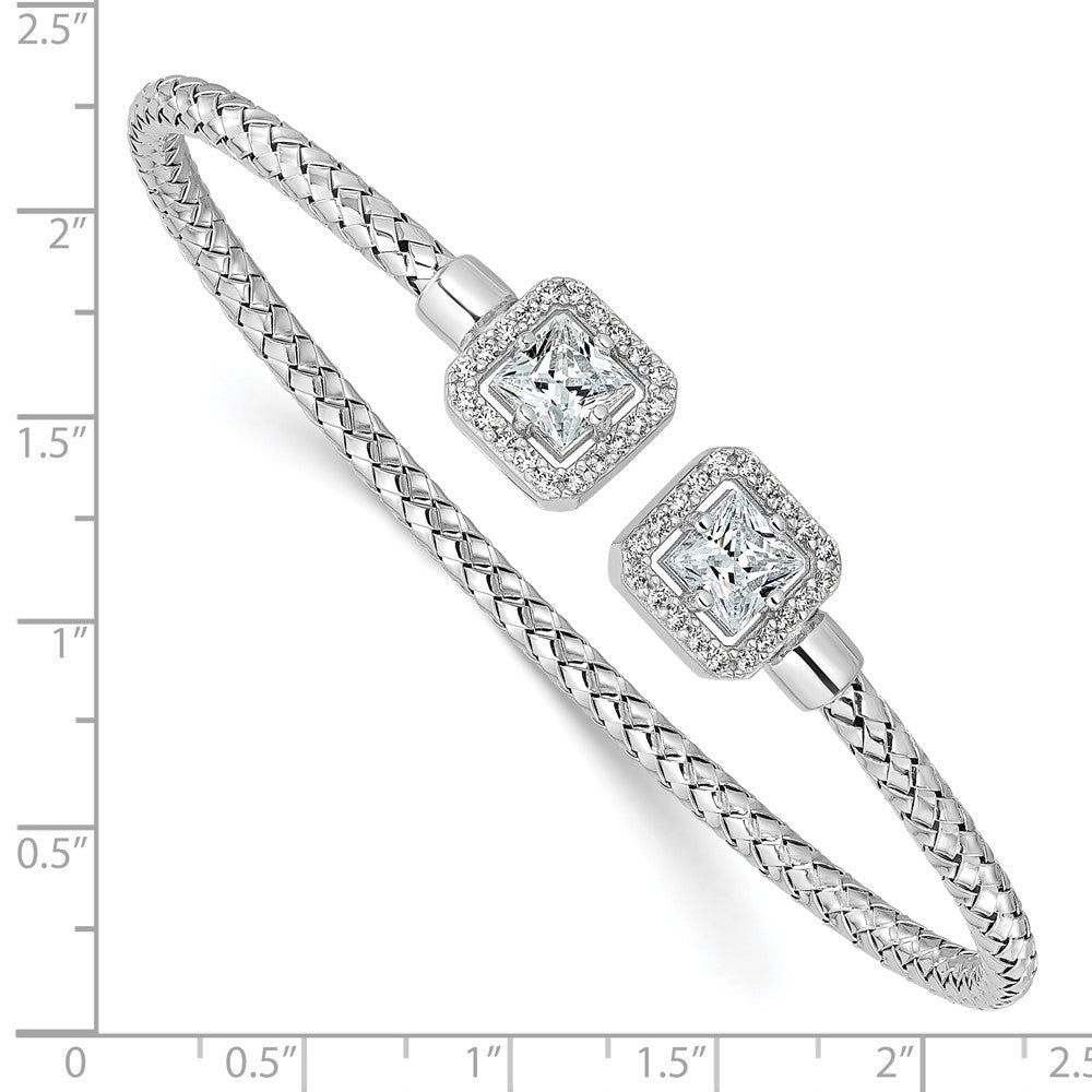 Sterling Silver Rhodium-plated CZ Polished Square Halo Cuff Bangle