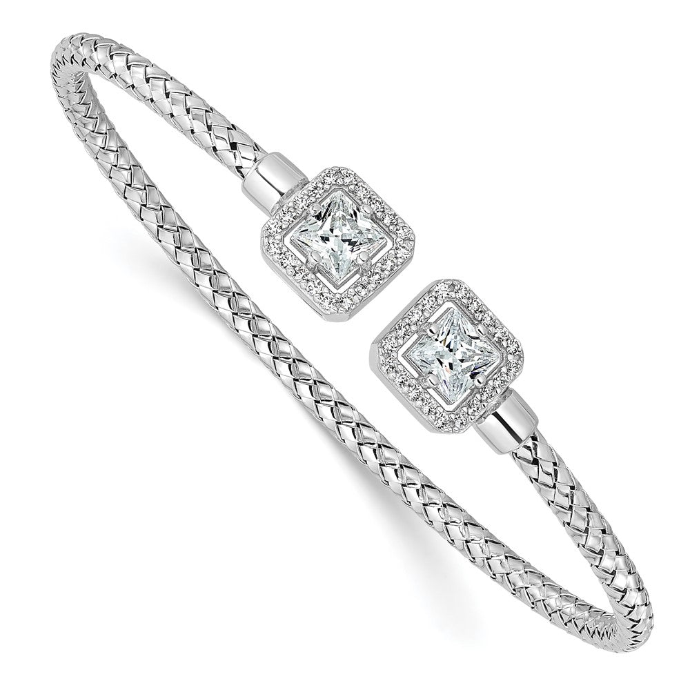 Sterling Silver Rhodium-plated CZ Polished Square Halo Cuff Bangle